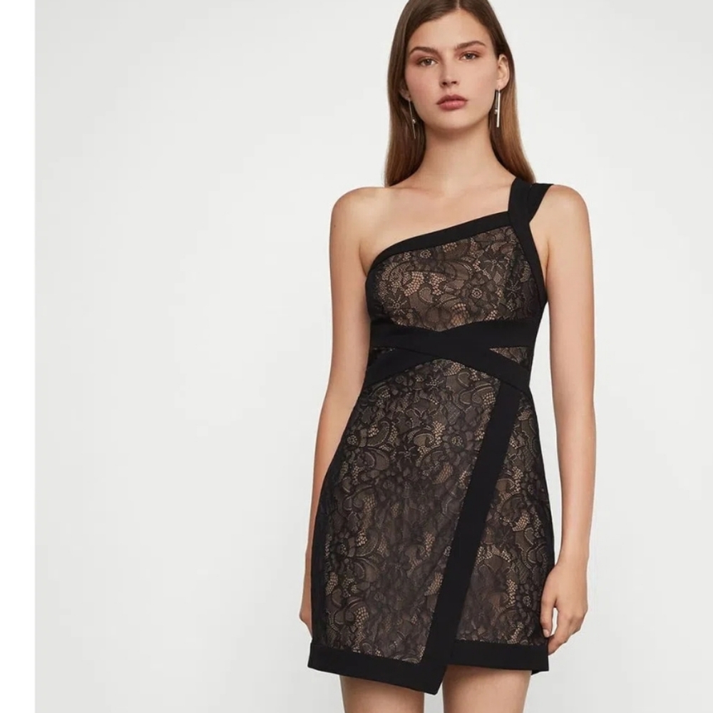 Bcbg max azria  One-Shoulder Black Lace Mini Dress 8